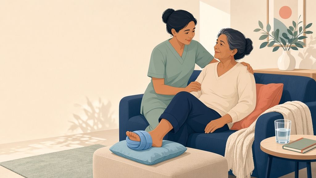Illustration of a caregiver helping an older adult who is resting on a sofa with a foot raised