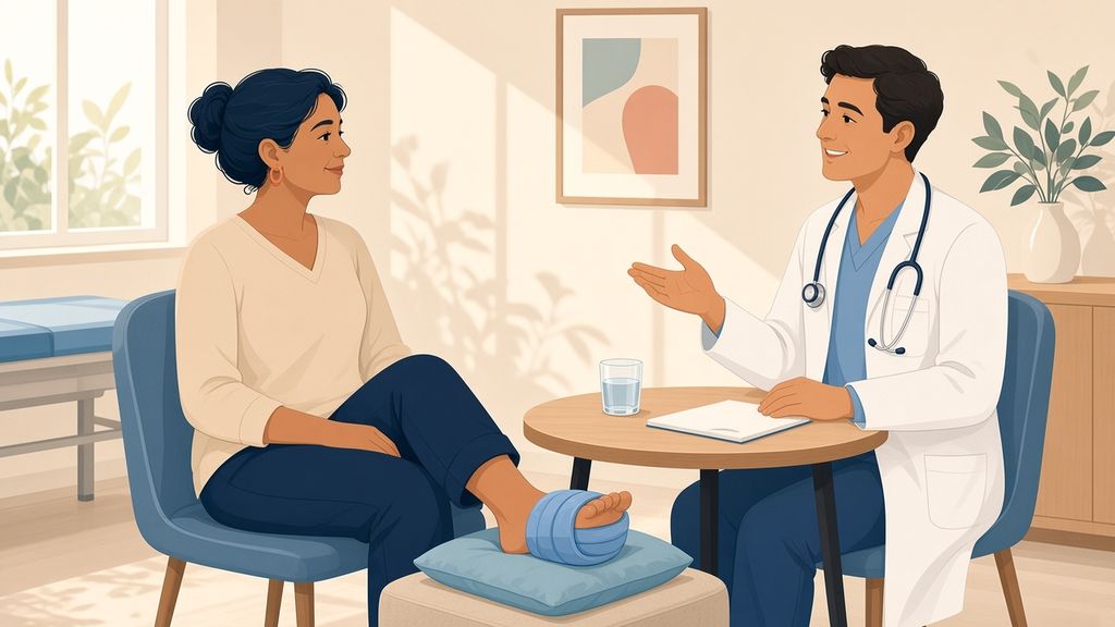 Illustration of a patient and a clinician talking at a table, with the patient’s foot resting on a cushion