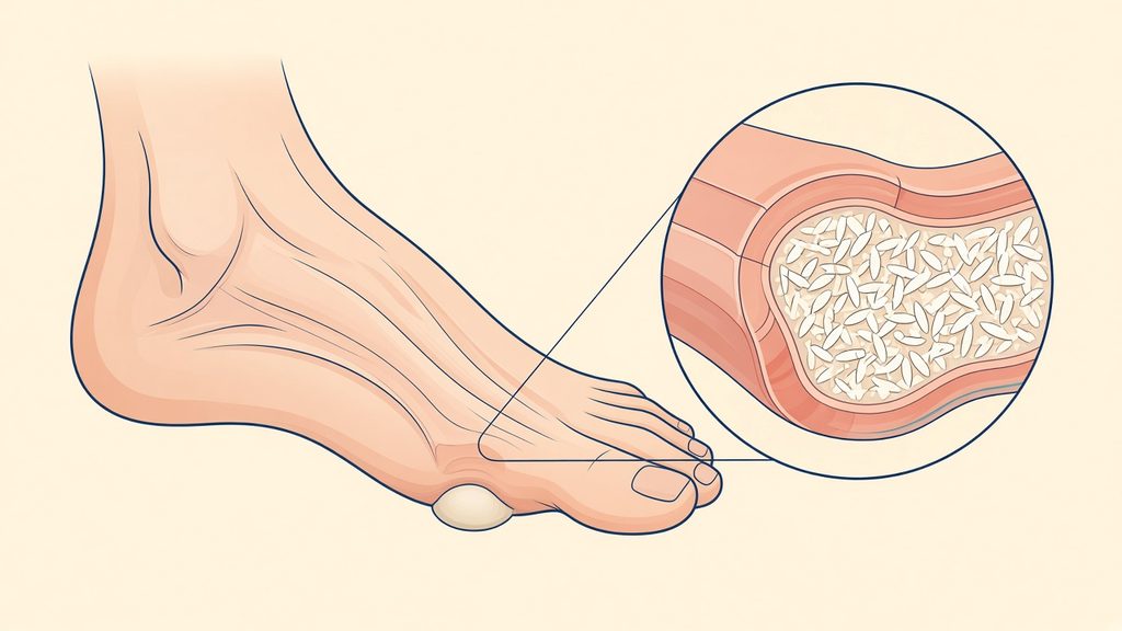 Illustration of a foot from the side with a pale lump beside the big toe joint and a magnified circle showing needle-shaped crystals