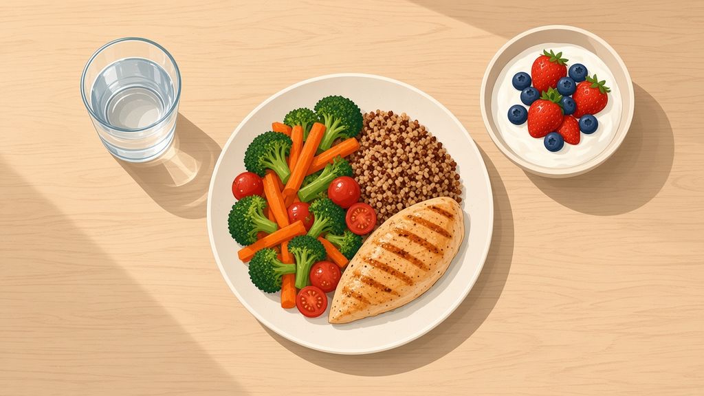 Top-down illustration of a plate with vegetables, grains, and chicken, a bowl of yogurt with berries, and a glass of water