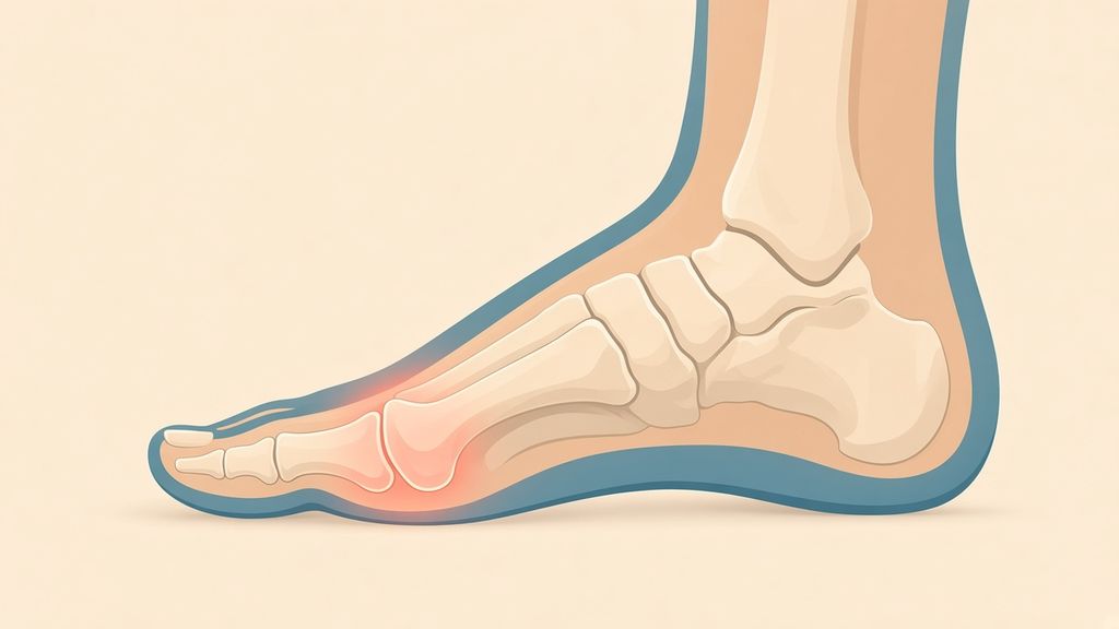 Illustration of the bones of a foot seen from the side, with the big toe joint softly highlighted