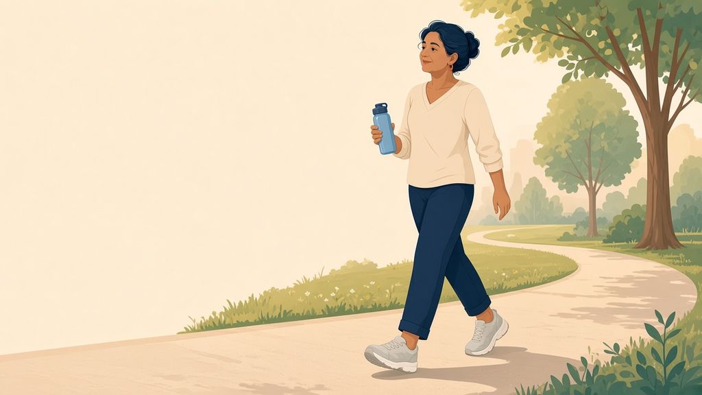 Illustration of a person walking in a park in roomy shoes, carrying a water bottle