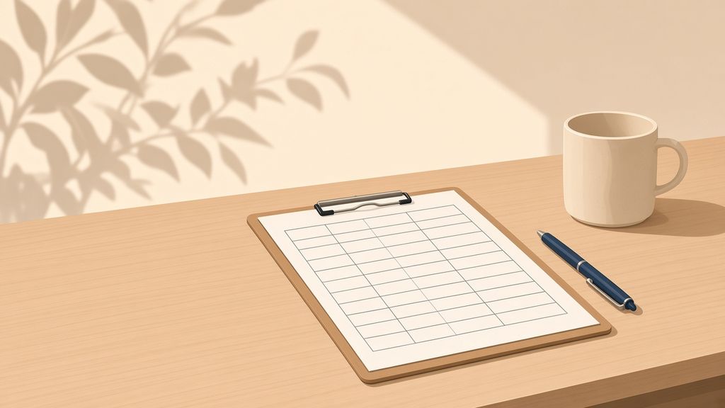 Illustration of a clipboard with a blank chart, a pen, and a mug